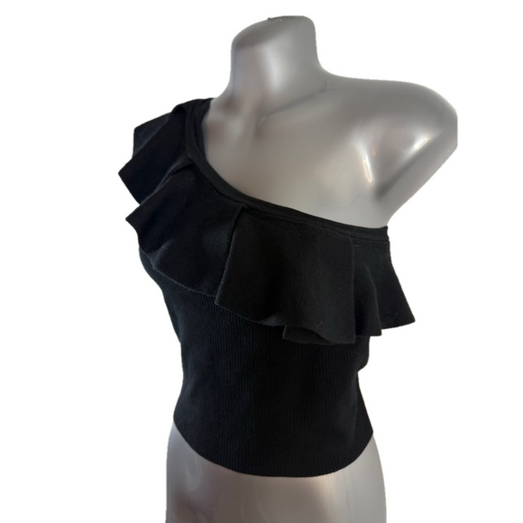 Express Black Body Contour Ruffle One Shoulder Cropped Sweater Tank SKU0545 - Picture 4 of 7